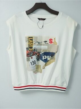 MICAS White Graphic Sleeveless Top with Striped Hem